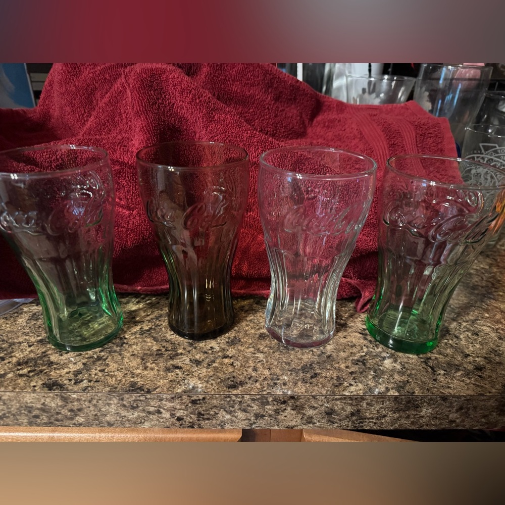 Coca Cola Glasses vintage 2 green, 1 brownish purple & 1 clear all like new